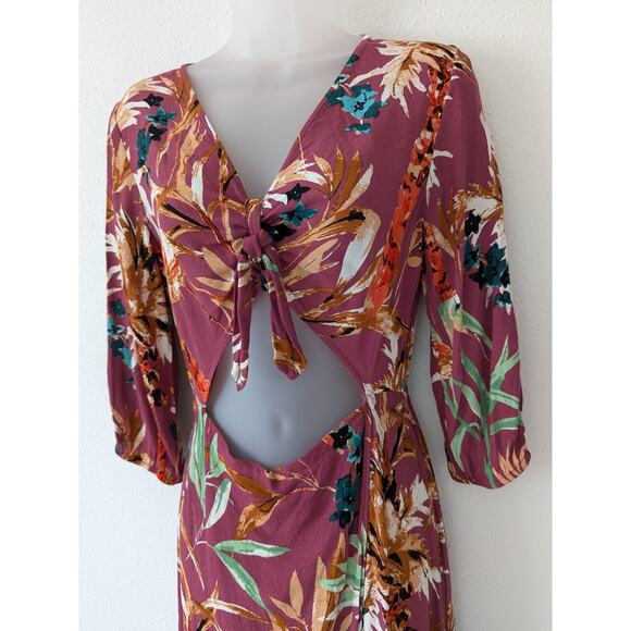 Express Womens Floral Front Cutout Midi Wrap Dress Sz Small Burgundy Multi-Color - Picture 2 of 8
